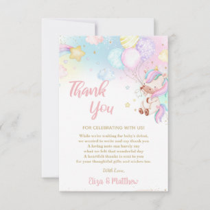 Cute Rainbow Unicorn Girl Baby Shower Birthday Thank You Card