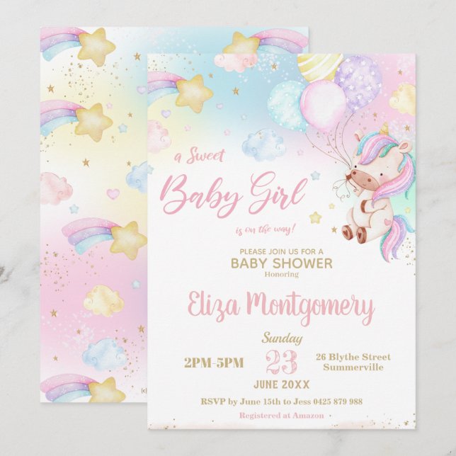 Cute Rainbow Unicorn Girl Baby Shower  Invitation (Front/Back)