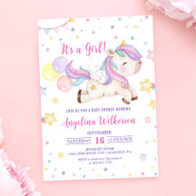 Cute Rainbow Unicorn Girl Baby Shower Invitation