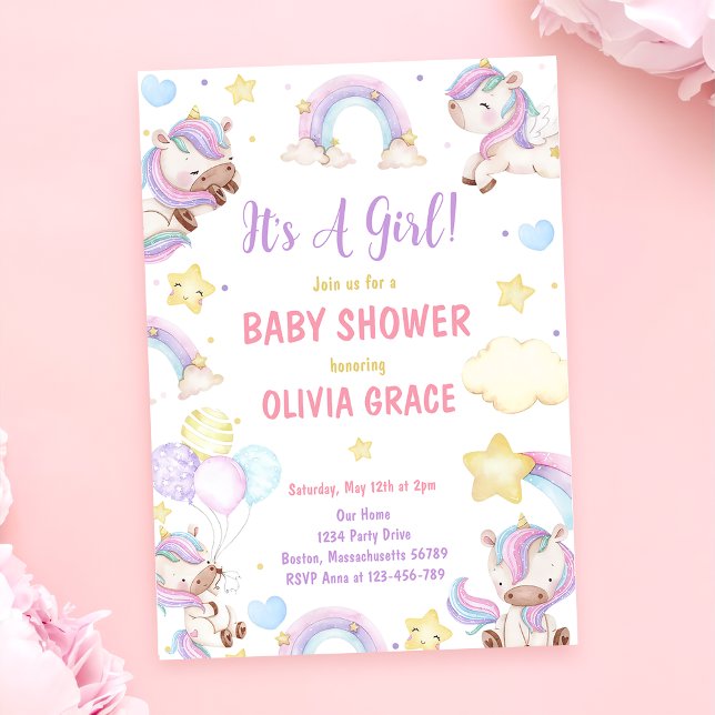 Cute Rainbow Unicorn Girl Baby Shower Invitation (Creator Uploaded)