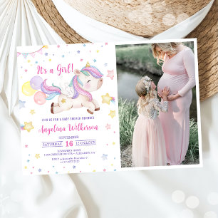 Cute Rainbow Unicorn Girl Baby Shower Photo  Invitation
