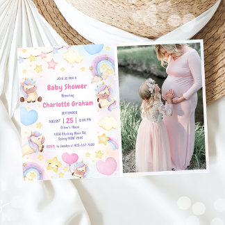 Cute Rainbow Unicorn Girl Baby Shower Photo Invitation