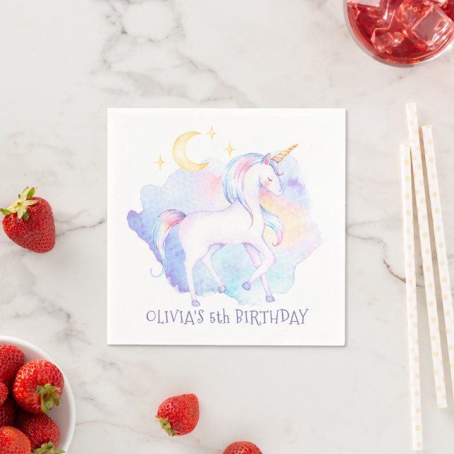 Cute Rainbow Unicorn Girl's Birthday Party Napkin (Insitu)