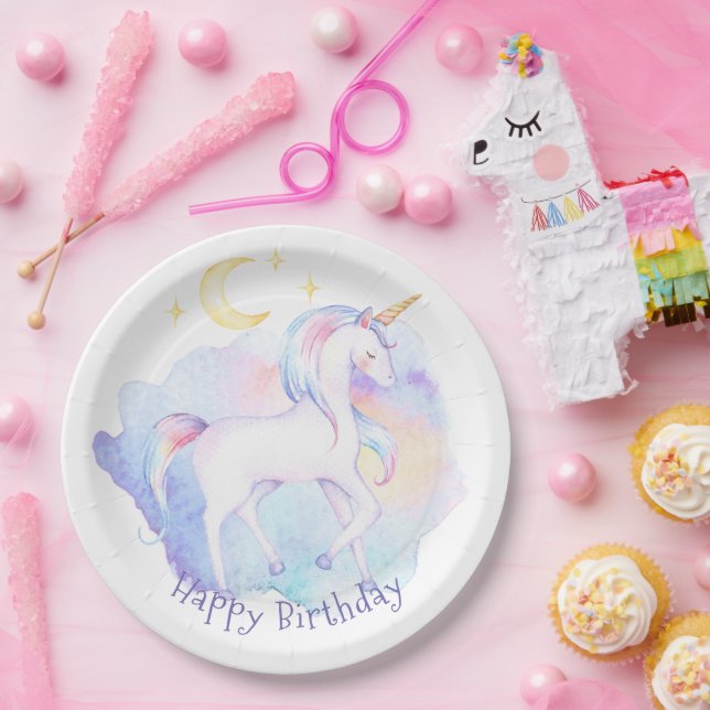 Cute Rainbow Unicorn Girl's Birthday Party Paper Plate (Party)