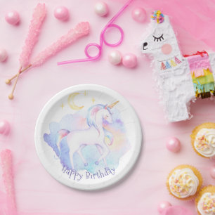 Cute Rainbow Unicorn Girl's Birthday Party Paper Plate
