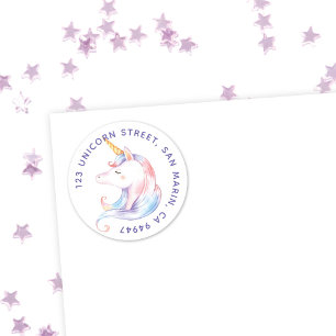 Cute Rainbow Unicorn Girls Round Address Label