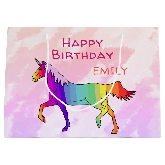 Cute Rainbow Unicorn Girly Kids Birthday Large Gift Bag (Front)