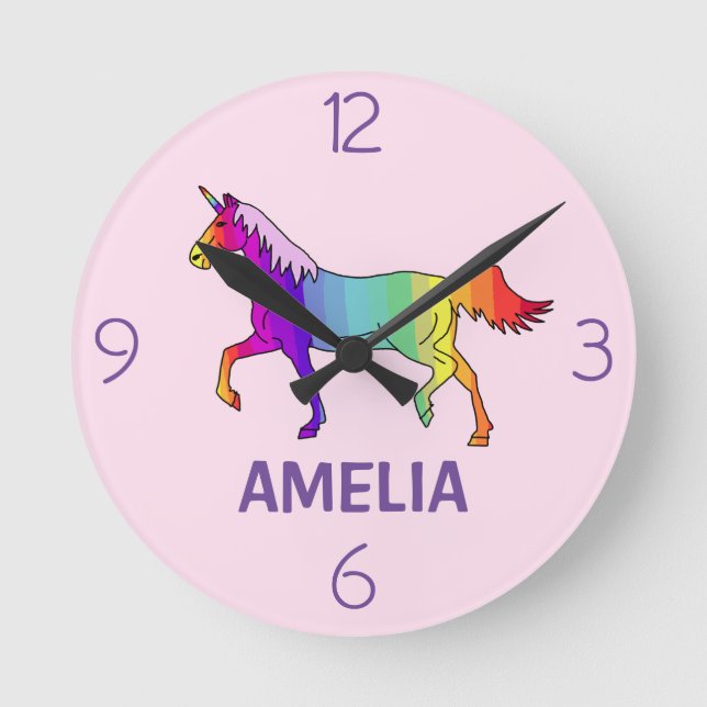 Cute Rainbow Unicorn Girly Kids Name Round Clock (Front)
