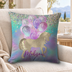 Cute Rainbow unicorn glitter balloons monogram Cushion