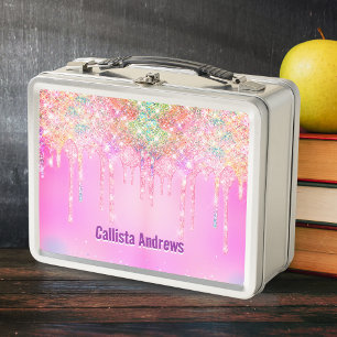 Cute Rainbow unicorn Glitter drips pink custom Metal Lunch Box