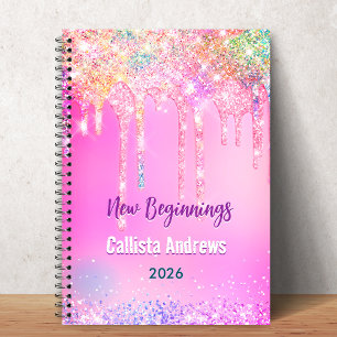 Cute Rainbow unicorn Glitter Drips pink monogram Notebook