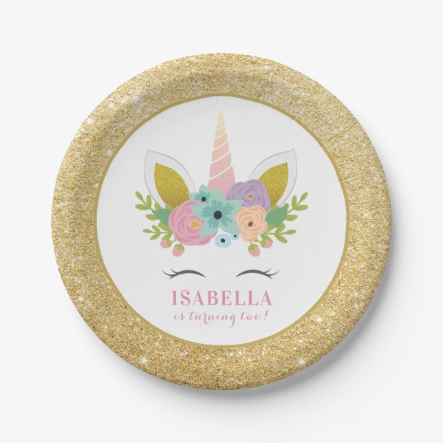 Cute Rainbow Unicorn & Gold Glitter Kids Birthday Paper Plate (Front)