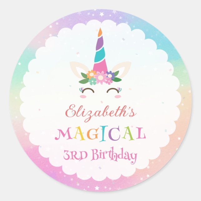 Cute Rainbow Unicorn Magical Birthday Party Classic Round Sticker (Front)