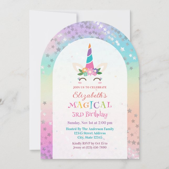 Cute Rainbow Unicorn Magical Birthday Party Invitation (Front)