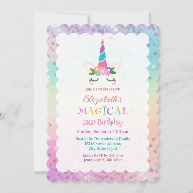 Cute Rainbow Unicorn Magical Birthday Party Invitation (Front)