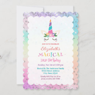 Cute Rainbow Unicorn Magical Birthday Party Invitation