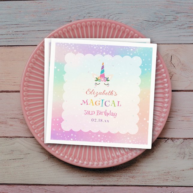 Cute Rainbow Unicorn Magical Birthday Party Napkin (Creator Uploaded)