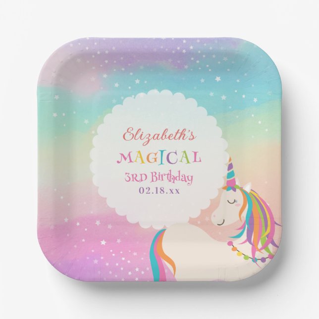 Cute Rainbow Unicorn Magical Birthday Party Paper Plate (Front)