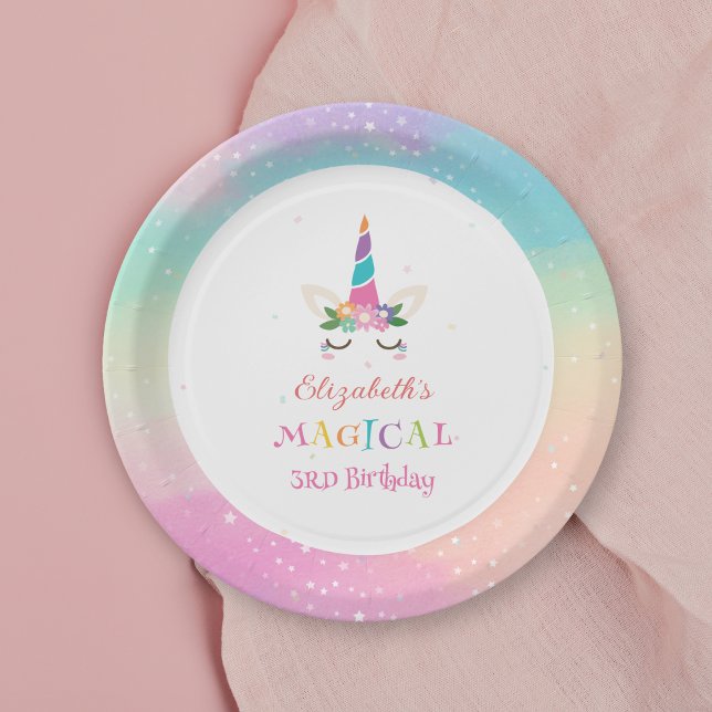 Cute Rainbow Unicorn Magical Birthday Party Paper Plate (Creator Uploaded)