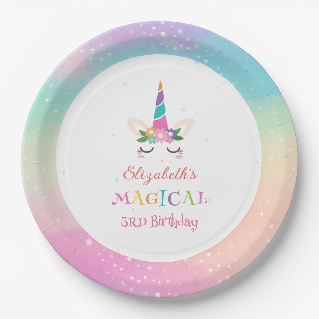 Cute Rainbow Unicorn Magical Birthday Party Paper Plate (Front)