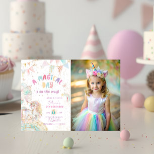 Cute Rainbow Unicorn Magical Birthday Photo Invitation