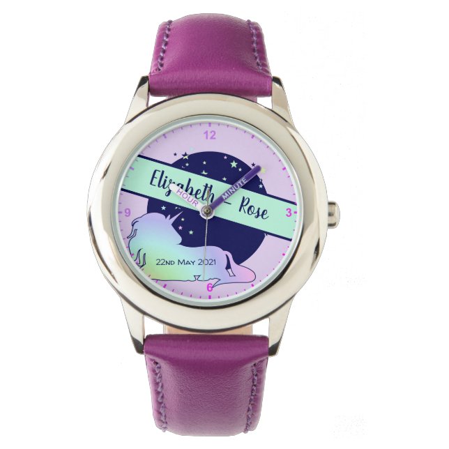 Cute Rainbow Unicorn Name Birth Date Birthday  Watch (Front)