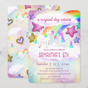 Cute Rainbow Unicorn Pastel Birthday Invitation