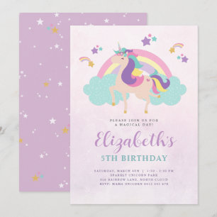 Cute Rainbow Unicorn Personalised Birthday Invitation