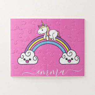 Cute Rainbow Unicorn Personalised Name Jigsaw Puzzle