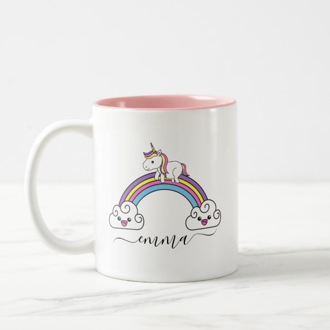 Cute Rainbow Unicorn Personalised Name  Two-Tone Coffee Mug (Left)