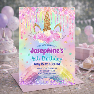 Cute Rainbow Unicorn pink aqua Drips birthday Invitation