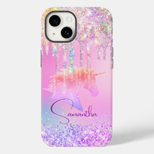 Cute Rainbow unicorn pink Glitter Drips monogram Case-Mate iPhone 14 Case