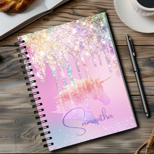 Cute Rainbow unicorn pink Glitter Drips monogram Notebook