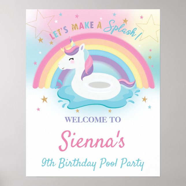 Cute Rainbow Unicorn Pool Birthday Party Welcome  Poster (Front)