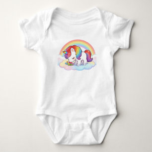 Cute Rainbow Unicorn Smelling Flowers On Cloud Kaw Baby Bodysuit