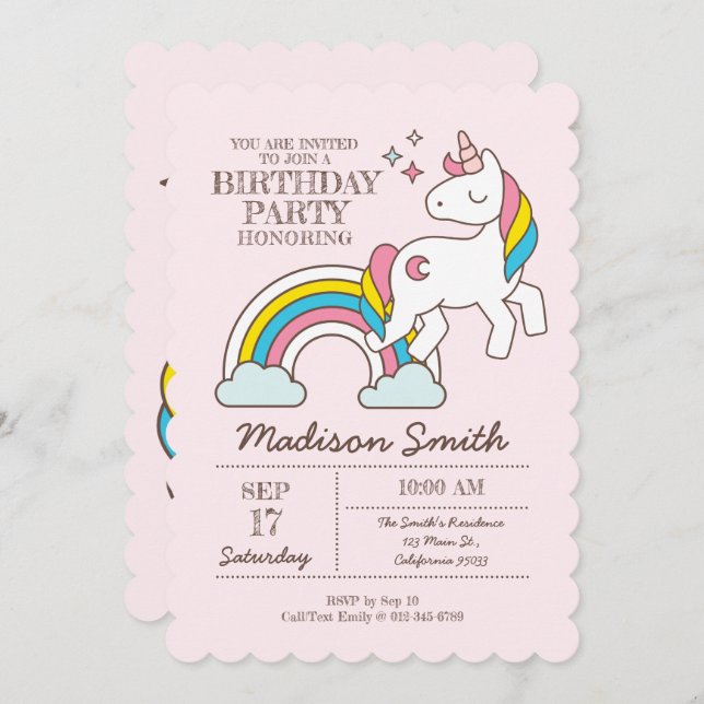 Cute Rainbow Unicorn Sparkles Birthday Invitation (Front/Back)