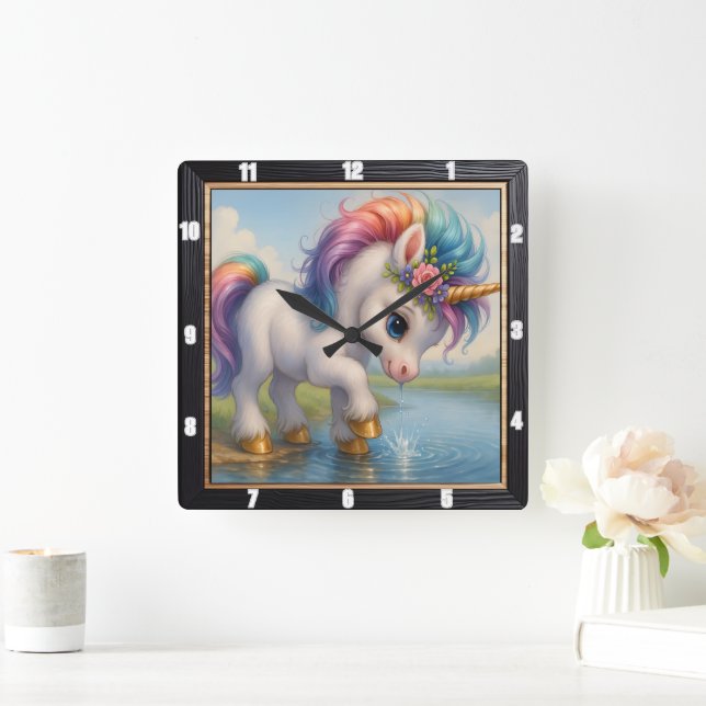 Cute Rainbow Unicorn Splash Square Wall Clock (Home)