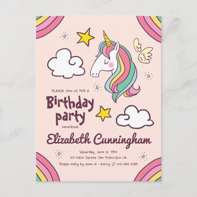 Cute Rainbow Unicorn Stars Birthday Invitation Postcard (Front)