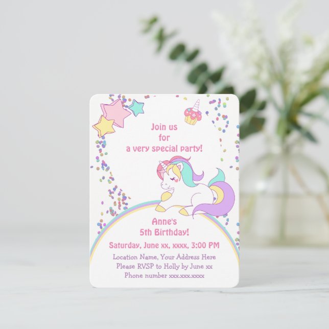 Cute Rainbow Unicorn & Stars Girl Birthday Party  Invitation (Standing Front)