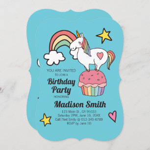 Cute Rainbow Unicorn Stars Hearts Birthday Party Invitation