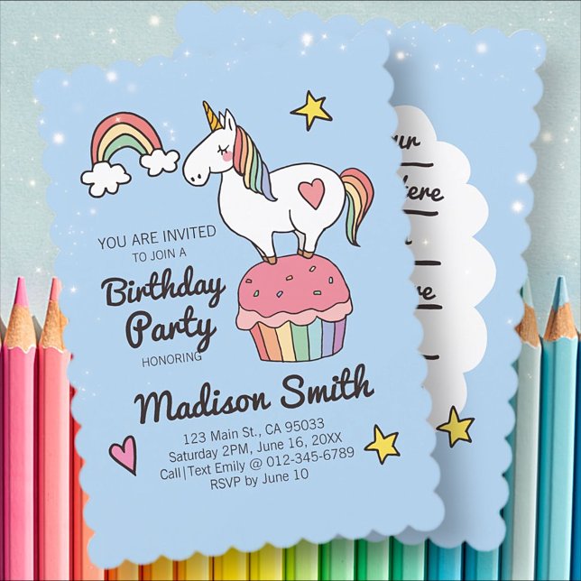 Cute Rainbow Unicorn Stars Hearts Birthday Party Invitation (Creator Uploaded)