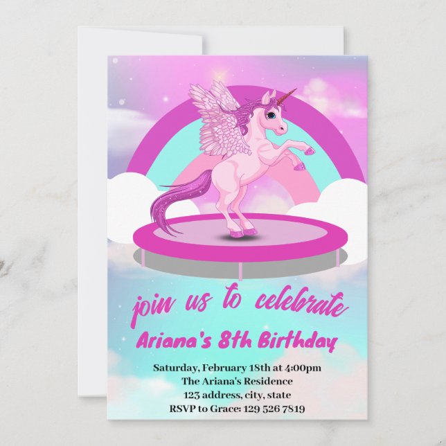 Cute Rainbow Unicorn Trampoline Birthday  Invitati Invitation (Front)
