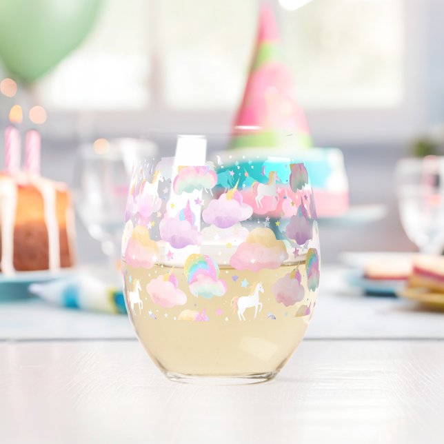 Cute Rainbow unicorn unicorn birthday purple kids Stemless Wine Glass (Insitu (Birthday))