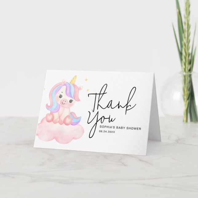 Cute Rainbow Unicorn Whimsical Baby Shower Folded Thank You Card (Front)