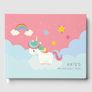 Cute Rainbow Unicorn with Stars. Birthday. Guest Book