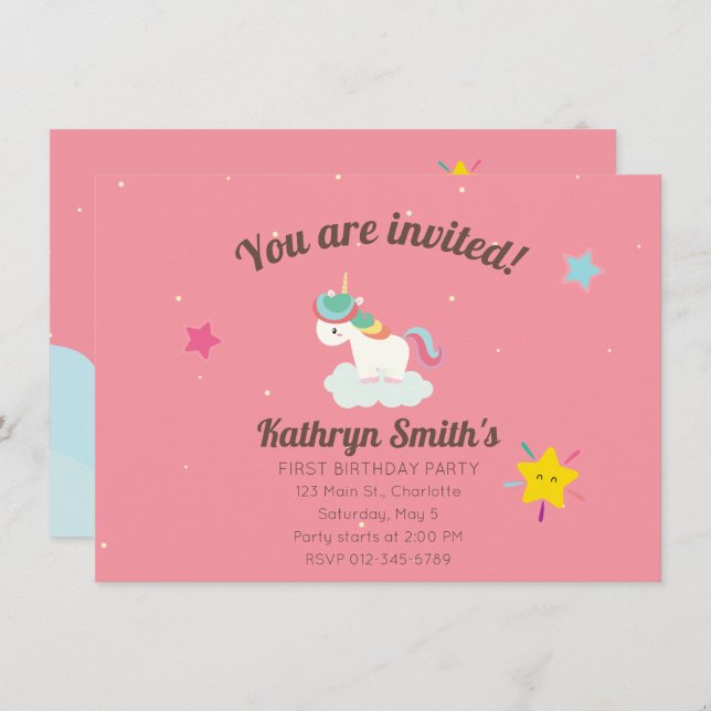 Cute Rainbow Unicorn with Stars. Birthday. Invitation (Front/Back)