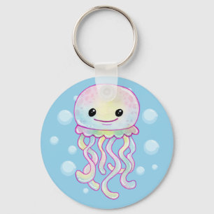 Cute Rainbow Watercolour Jellyfish Key Ring