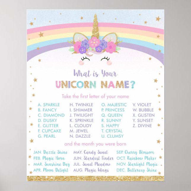 Cute Rainbow What is Your Unicorn Name Game Sign (Front)