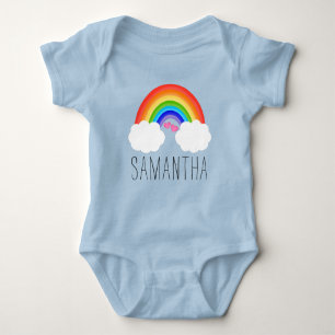Cute Rainbow With Pink Hearts and Name Baby Bodysuit
