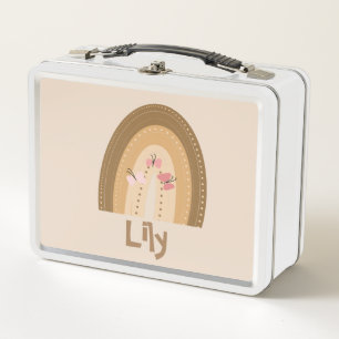 Cute Rainbows Butterflies Pink Brown Bohemian Metal Lunch Box